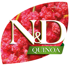 Logotipo de Farmina N&D Quinoa con fondo de semillas de quinoa roja.