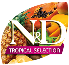 Logotipo de Farmina N&D Tropical Selection con frutas tropicales coloridas.