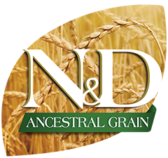 Logotipo de Farmina N&D Ancestral Grain con espigas de cereal en fondo dorado.